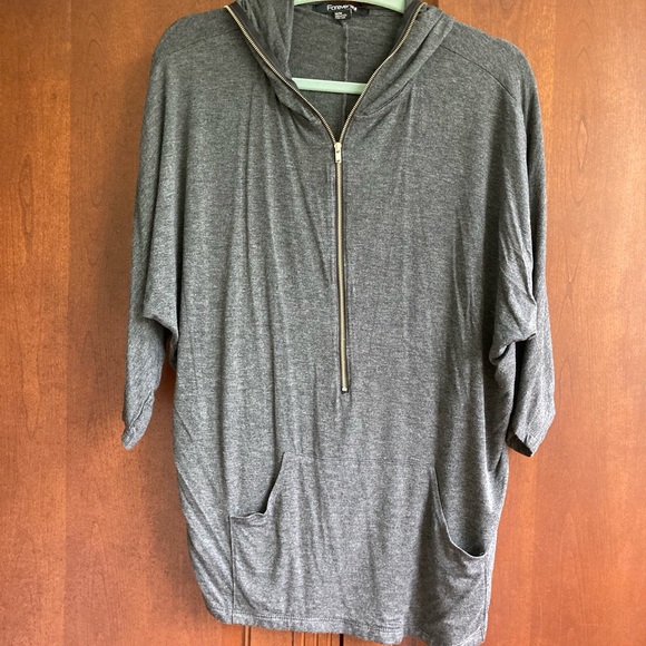 Forever 21 Tops - Forever 21 Gray Hoodie Gold Full Zipper Size Medium 3/4 Sleeves Front Po…